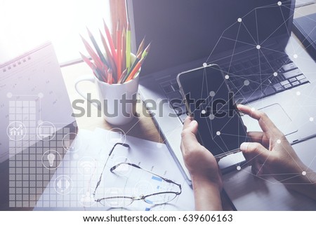 Man using mobile payments online shopping and icon customer network connection on screen. m-banking and omni channel concept