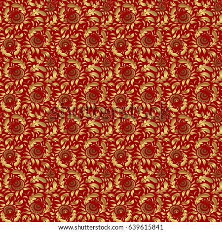 Seamless pattern of golden textured curls. Vector brilliant lace, stylized flowers, paisley. Openwork weaving delicate, golden background. Oriental style arabesques on a red backdrop.