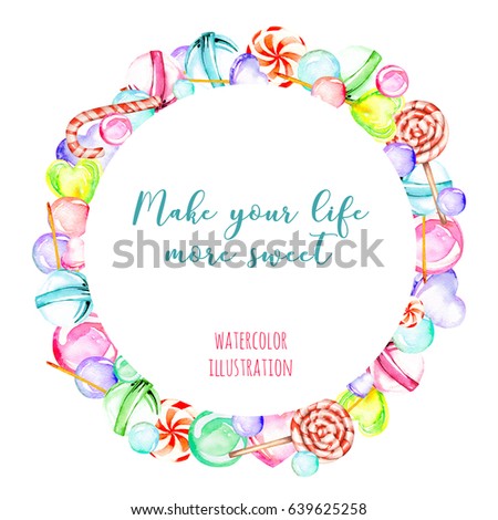 Wreath, circle frame with watercolor candies and lollipop, hand drawn isolated on a white background
