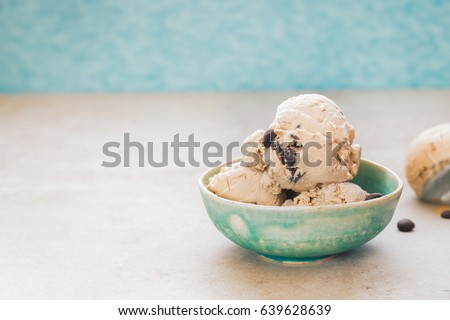 Chocolate Chip Cookie  Ice Cream In Rustic  Bowl. Selective focus, vintage toned image, blank space