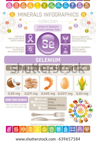Selenium Mineral supplement rich food icons. Healthy eating flat icon set, text letter logo, isolated background. Diet Infographics chart banner poster. Table vector illustration, human health benefit