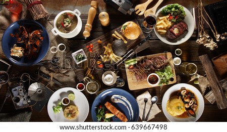 international mix set foods top view on table Royalty-Free Stock Photo #639667498