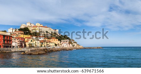 Imperia, Italy: scenic view of the elevated town on the sea.
