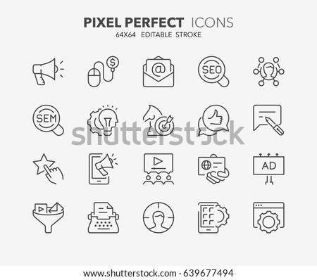 Thin line icons set of marketing, advertising and promotional campaigns. Outline symbol collection. Editable vector stroke. 64x64 Pixel Perfect. Royalty-Free Stock Photo #639677494