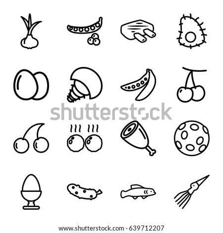 Raw icons set. set of 16 raw outline icons such as egg, onion, cherry, peas, cherry, cucumber, meat, extinct sea creature