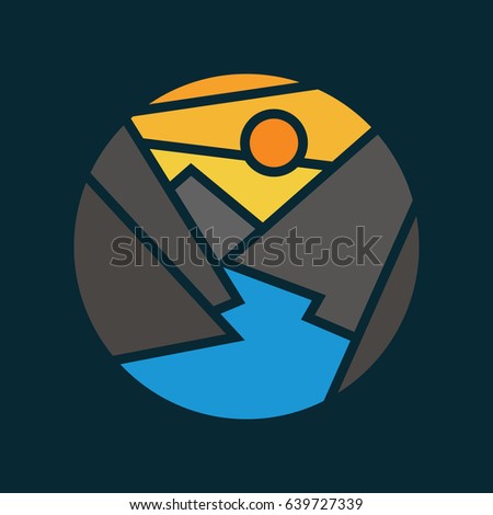 Colorful mountains and river vector icon on black background.