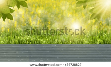 Empty of wood table top on blur of fresh green abstract from garden with sunlight .For montage product display or design key visual layout