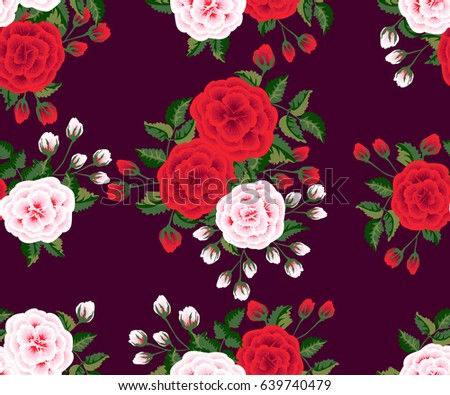 Seamless pattern in cute red flowers of painted roses and branches. Floral background for textile, wallpaper, pattern fills, covers, surface, print, gift wrap, scrapbooking, decoupage.