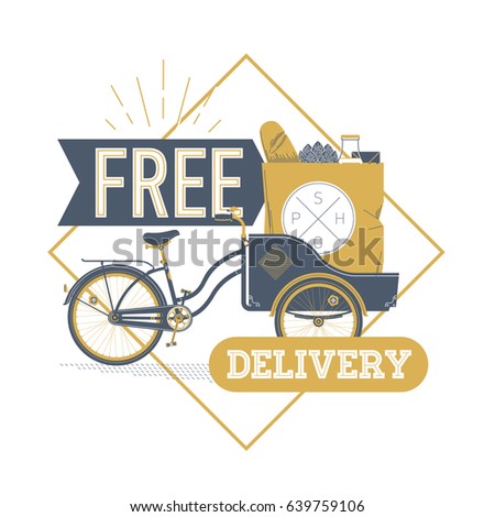 Cool vintage looking vector concept design on 'Free Delivery' with freight bicycle carrying big paper bag with goods and groceries. Ideal for local grocery shop themed graphic design