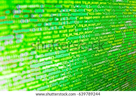  Software engineer at work. Website codes on computer monitor. Webdesigner Workstation. Big data storage and cloud computing representation. Computer code data. Hacker breaching net security.