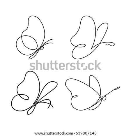 Butterfly continuous line drawing elements set isolated on white background for logo or decorative element. Vector illustration of various insect forms in trendy outline style.