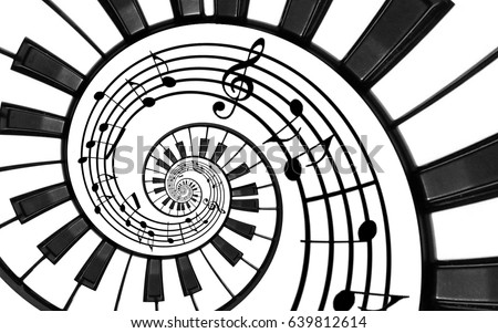 Piano keyboard printed music abstract fractal spiral pattern background. Black and white piano keys round spiral. Spiral stair. Piano helical pattern abstract background Abstract isolated piano spiral