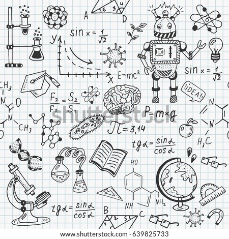 Science education doodle set of Biology, mathematics, physics, chemistry, astronomy, robotic technology, geometry seamless pattern.