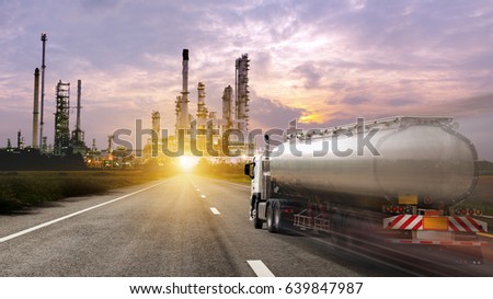 Oil truck transport container on the road to  oil and gas industry petrochemical plant  Royalty-Free Stock Photo #639847987