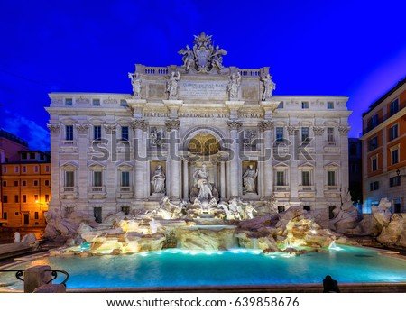 Night view of Rome Trevi Fountain (Fontana di Trevi) in Rome, Italy. Trevi is most famous fountain of Rome. Architecture and landmark of Rome. Royalty-Free Stock Photo #639858676