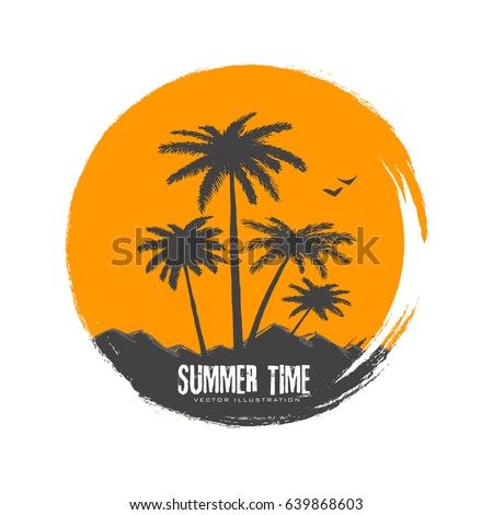 Hand drawn vector illustration of silhouettes of palm trees on the background of a red sun.