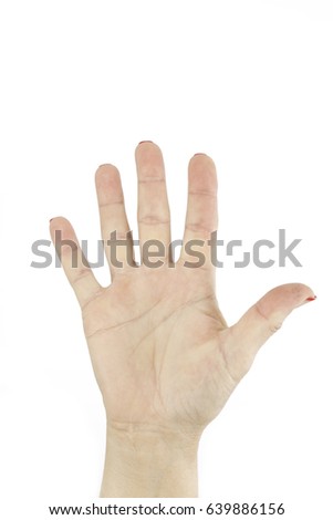 Woman hand making thumbs up. Adult female hand show five fingers up isolated on white background with clipping path. Open hand aged woman.