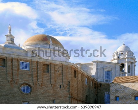 Old Cathedral of Cadiz, or Church of Santa Cruz and the bell tower of the new cathedral behind. Andalusia. Spain