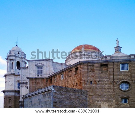 Old Cathedral of Cadiz, or Church of Santa Cruz and the bell tower of the new cathedral behind. Andalusia. Spain