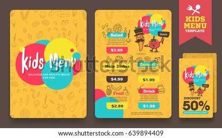 Cute colorful kids meal menu and discount voucher layout template .vector illustration.