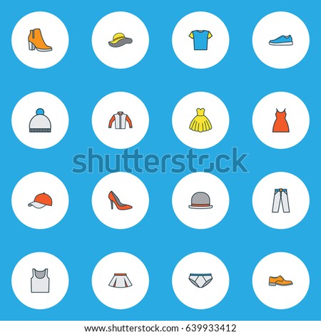 Garment Colorful Outline Icons Set. Collection Of Female Boots, Panama, Underwear And Other Elements. Also Includes Symbols Such As Singlet, Underpants, Underwear.