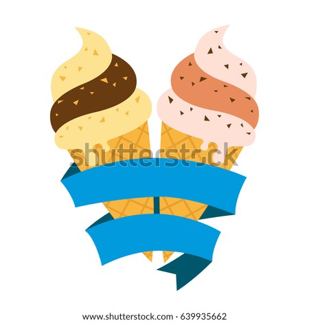 Two ice cream with a blue ribbons wrapping. Vector illustration and isolated object.