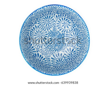 bowl, decorated with blue painted, isolate on white background, flat lay. Royalty-Free Stock Photo #639939838