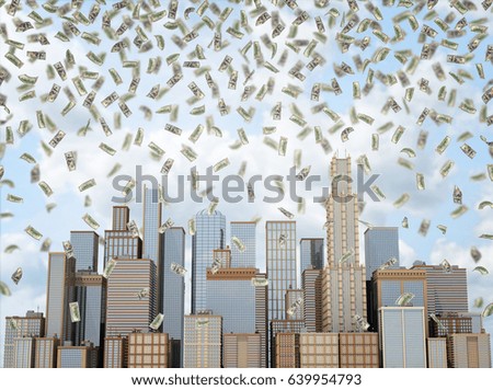Many 100 USD bills falling slowly over several high buildings standing close together. Profitable business venture. Earning big. Money for all.