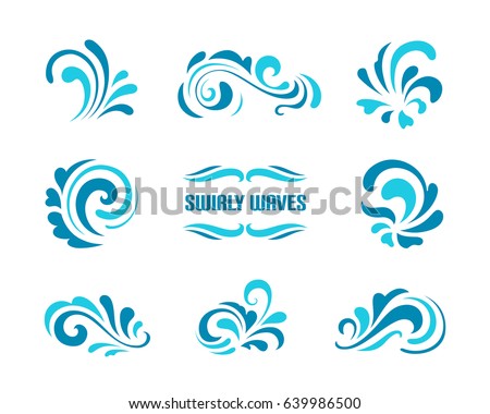 Vector wave icons, set of simple swirls and splashes, curly shapes on white, decorative elements for logo design