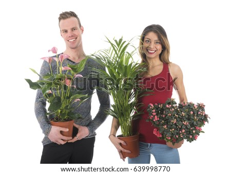 Young couple will decorate the home with plants for the interior