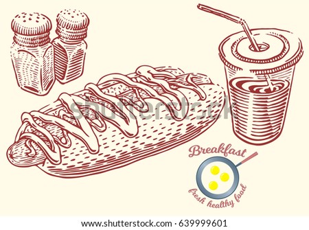 Hand drawn breakfast illustration in engraving style. Hotdog with sausage, sauce, salt and pepper, drink in plastic cup with straw. Vector vintage elements isolated on white background.