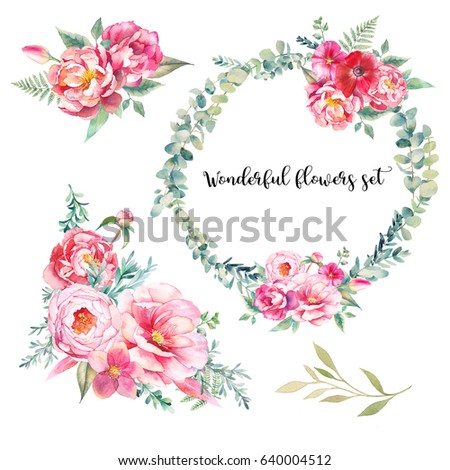 Watercolor bouquets of flowers and wreath  set. Hand painted colorful floral compositions isolated on white background. Vintage style peonies, rose, tulip and leaves posy.
