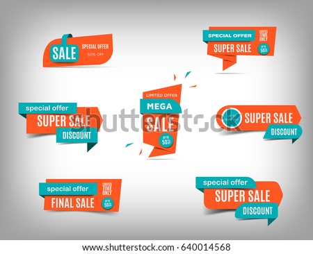 Sale banner collection, discount tag, special offer banner. Website stickers on a gray abstract background, color web page design. Set of discount banners. Vector illustration, eps10