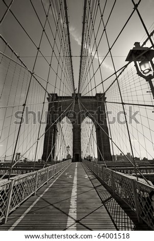 Photo of the Brooklyn Bridge in New York city done in black and white.