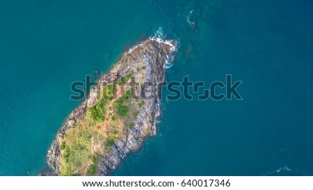 Aerial view Promthep Cape in Phuket province, southern of Thailand. Promthep Cape is very famous tourist destination in Phuket.