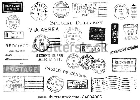 A set of nineteen large postal marks mostly from the 1930s and 1940s isolated on white. Ideal for bitmap brushes, retro collages, etc. Royalty-Free Stock Photo #64004005