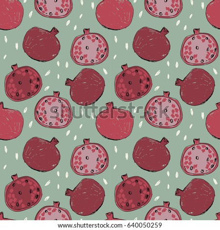 Seamless pattern with hand drawn pomegranates, retro palette, vector illustration