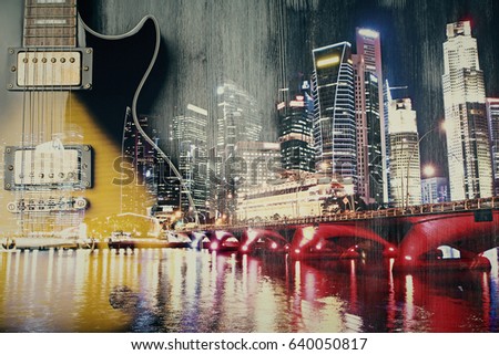Abstract image of electric guitar on night city background. Art and music concept. Double exposure