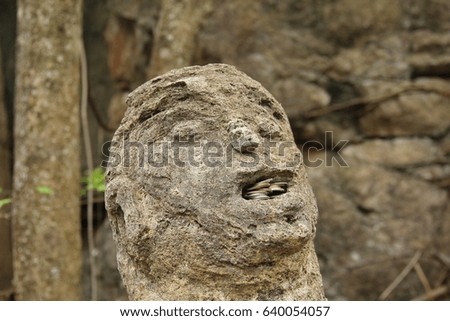 Strange man-shaped rock in the forest with Thai currency in mouth
