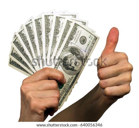 hundred dollar bills in female hand on white background isolated