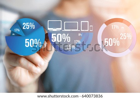 View of a Man writting on a blue survey graph interface - Technology concept