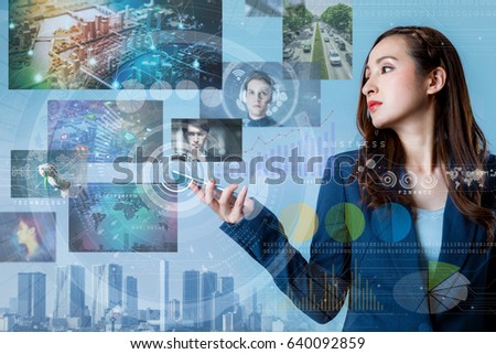 online curation media concept. electronic newspaper. young woman holding smartphone and various news images. abstract mixed media.
