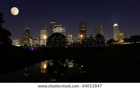 Moonlight over Houston Skyline reflecting in the Buffalo Bayou