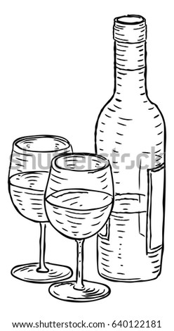 A bottle of wine and two wineglasses hand draw in a retro vintage woodcut engraved or etched style.