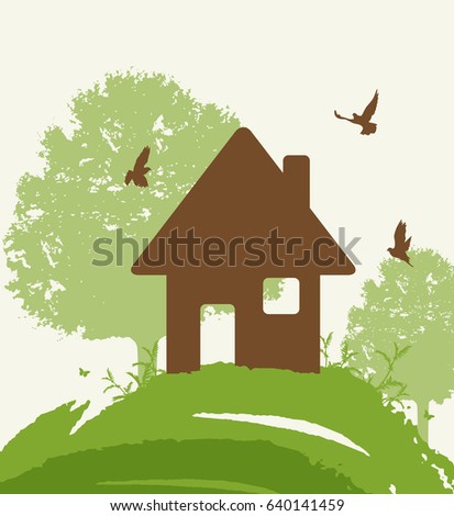 Background with green tree, birds and house. Eco-friendly house concept. 