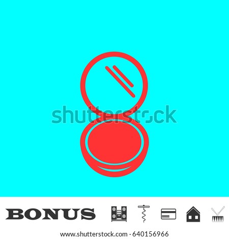 Open powder icon flat. Red pictogram on blue background. Vector illustration symbol and bonus buttons Music center, corkscrew, credit card, house, drum