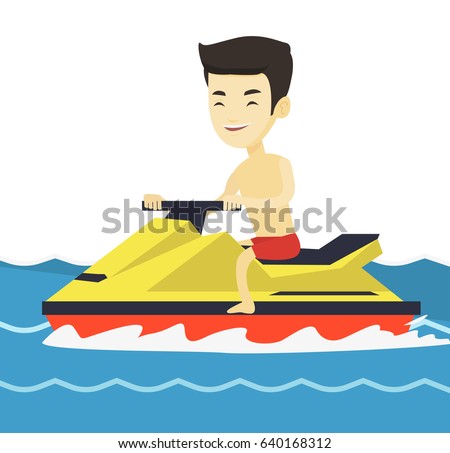 Asian man on water scooter in the sea at summer sunny day. Young sportsman sitting on a water scooter. Man training on a water scooter. Vector flat design illustration isolated on white background.
