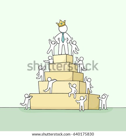 Sketch of working little people with pyramid and big boss. Doodle cute miniature scene of workers about leadership. Hand drawn cartoon vector illustration for business design.