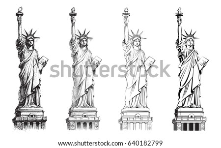 Statue of liberty, vector set. Illustration of various drawing styles. Hand drawn line, realistic ink sketch, outline and flat. New York and USA landmark. American national symbol. Royalty-Free Stock Photo #640182799