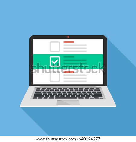 Laptop and checkboxes with check mark. Checklist, white tick on laptop screen. Choice, survey concepts. Modern flat design graphic elements for web banners, websites, infographics. Vector illustration Royalty-Free Stock Photo #640194277